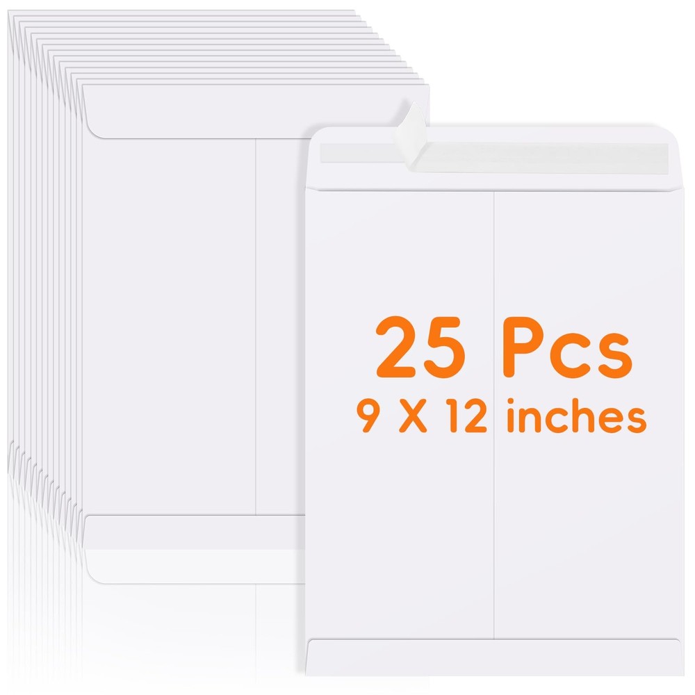 25 Pack Catalog Mailing Envelopes, 9 X 12 Inches Self-Seal White Manilla Envelop
