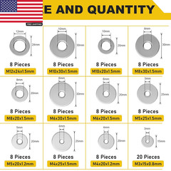 108Pcs 304 Stainless Steel Flat Washers, Fender Washers Assortment Kit 12 Sizes