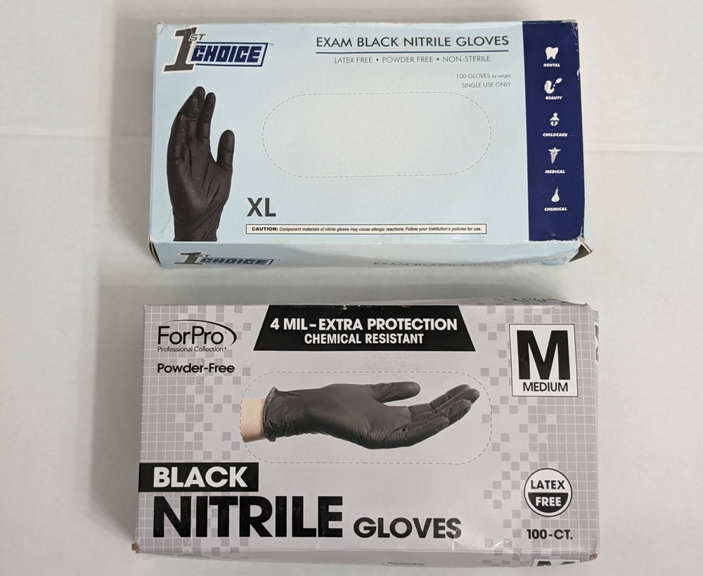 Set of 1st Choice Black Nitrile Disposable 3 Mil XL/Forpro Black M Nitrile 4 Mil