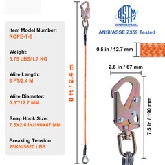 VEVOR Steel Core flipline 1/2″ x 8′ Arborist Flipline for Tree Climbing