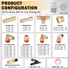 76 Pcs Brass DOT Air Line Fittings Kit Push Lock Air Fittings Push to Connect Fi