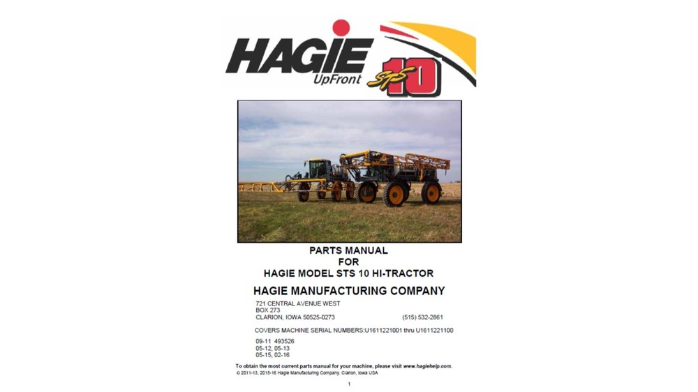 Hagie STS10 Sprayer see S/N in description Spare Parts List Manual PDF USB