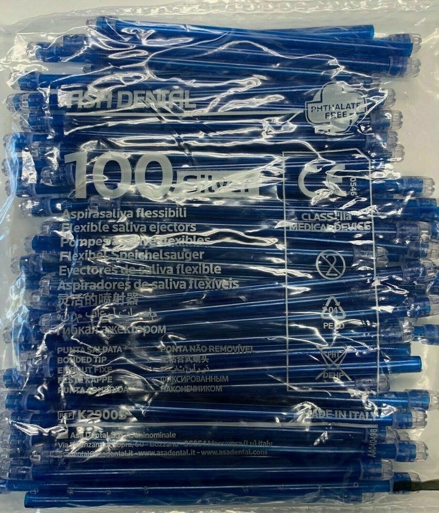 1000 (10 Bags) Saliva Ejectors Blue Clear Dental Disposable Made in Italy