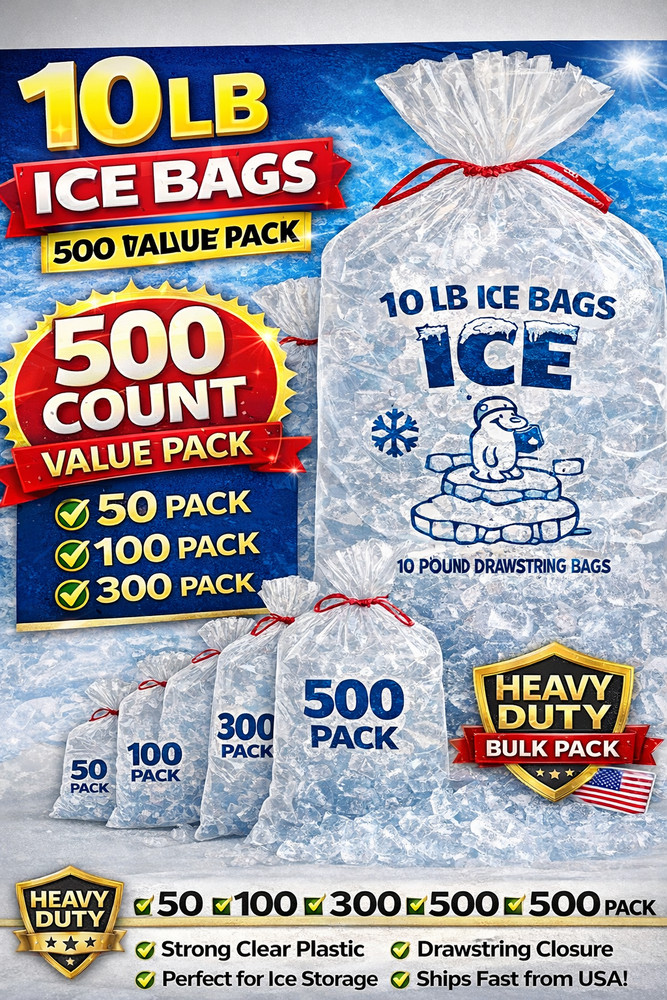 10 LB Ice Bags Drawstring Heavy Duty Clear Plastic Bulk 50 100 300 500PACK