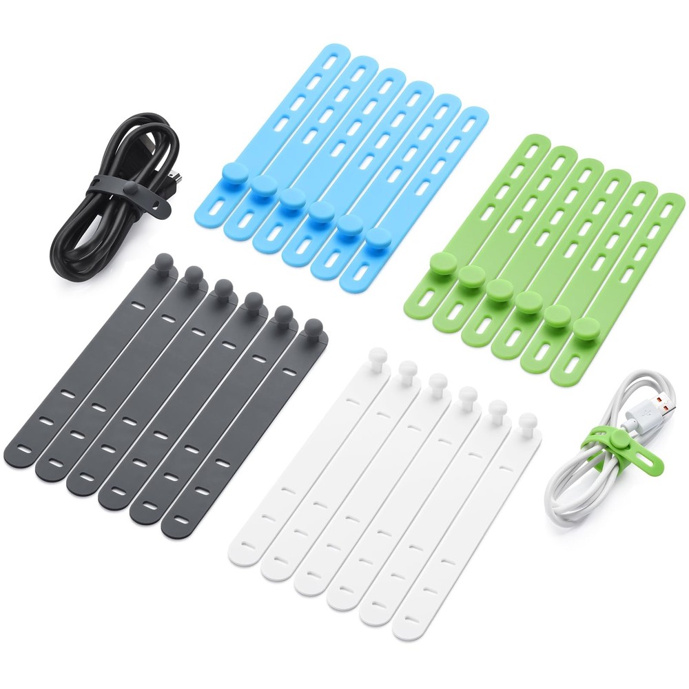 24 Pcs Silicone Cable Ties, Wire Cord 0.5*5in, White, Gray, Green, Blue