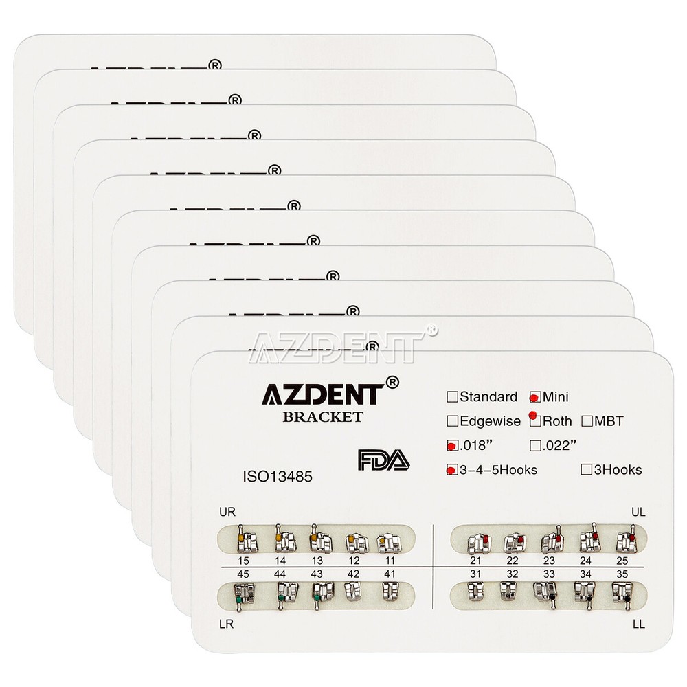 10XAZDENT Dental Ortho Metal Brackets Braces Mini/Standard Roth/MBT.022 Hook 345