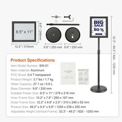 Aluminum Poster Stand 8.5x11in, Height-Adjustable, Rotatable, Waterproof PVC