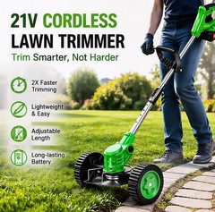 Cordless Weed Wacker with 2 Batteries, Lightweight 21V Weed Trimmer with Wheels,