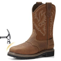 HISEA Men Cowboy Boots Square Toe Western Genuine Leather Steel Toe Safety Boots