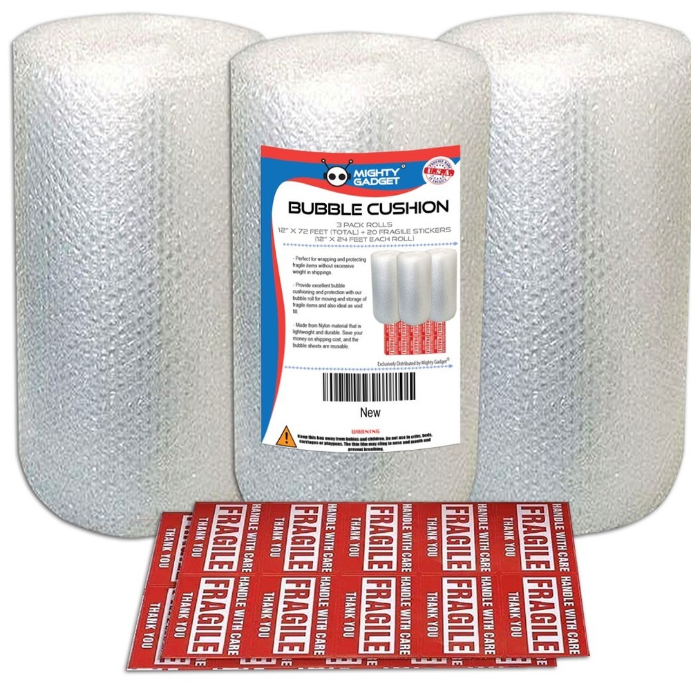 3 Pack Bubble Cushioning Wrap Rolls, Air Bubble, 12 Inch x 72 Feet Total