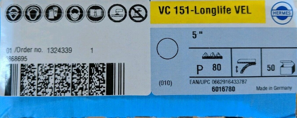 HERMES VC 151 Longlife VEL 5″ Diameter 220 Grit Velour Back Disc 50 Pack