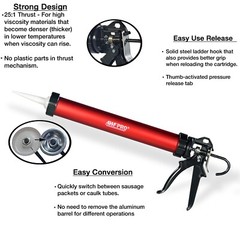 Pro Sausage Caulk Gun, 25:1 Thrust – 20 oz Foil Pack and 10 oz Cartridge, 3 Tips