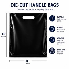 Purple Q Crafts 100 Pack Black Plastic Merchandise Bags with Die Cut Handles, 15