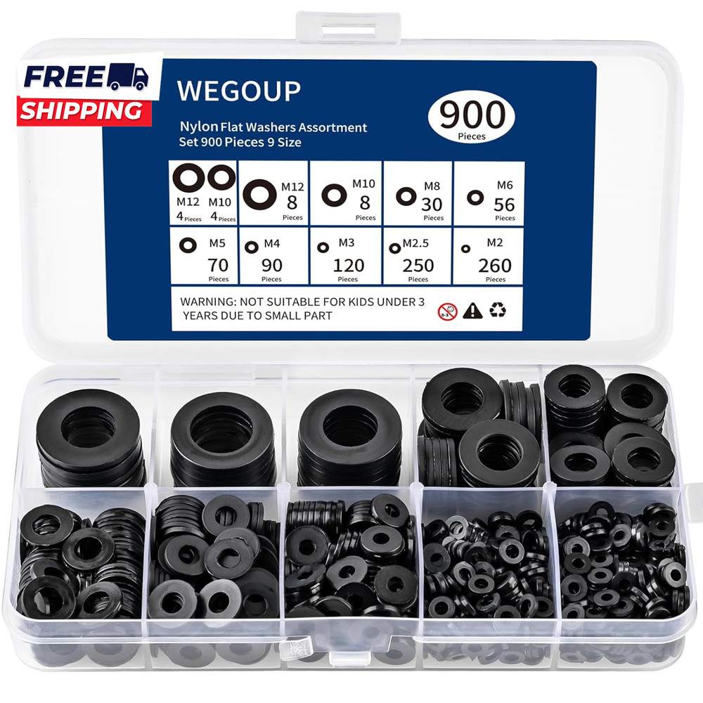 900-Piece Nylon Flat Washer Assortment Kit Black Plastic Flat Washers for Bolts