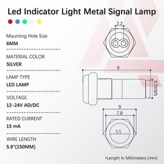 5PCS LED Indicator Light 6MM 1/4″ Waterproof IP65 Metal Signal Lamp 110-220V …