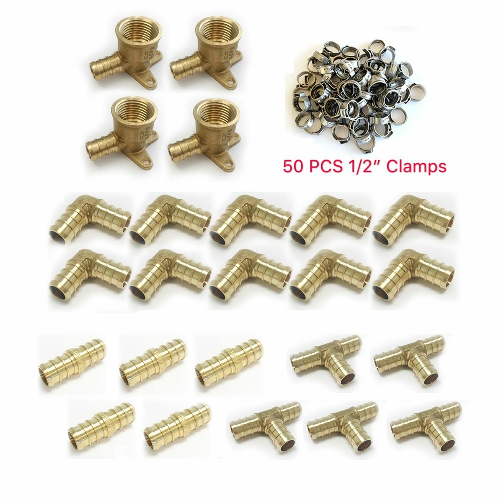 74PCS EFIELD 1/2″ Pex Barb Crimp Brass Fitting: Drop-ear,Tee Elbow Coupler,Clamp