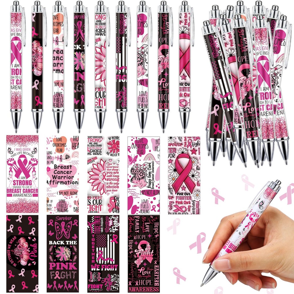 36 PCS Breast Cancer Awareness Pens Pink Ribbon Retractable Ballpoint Ink