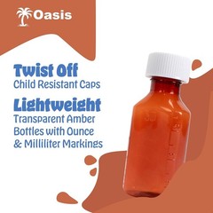 Plastic Amber Oval Liquid Medicine Bottles, Child Resistant Cap, 2oz, 25 Count