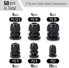 25/50 Pcs Nylon Cable Gland Waterproof Cable Connectors Black Cord Grip Plastic