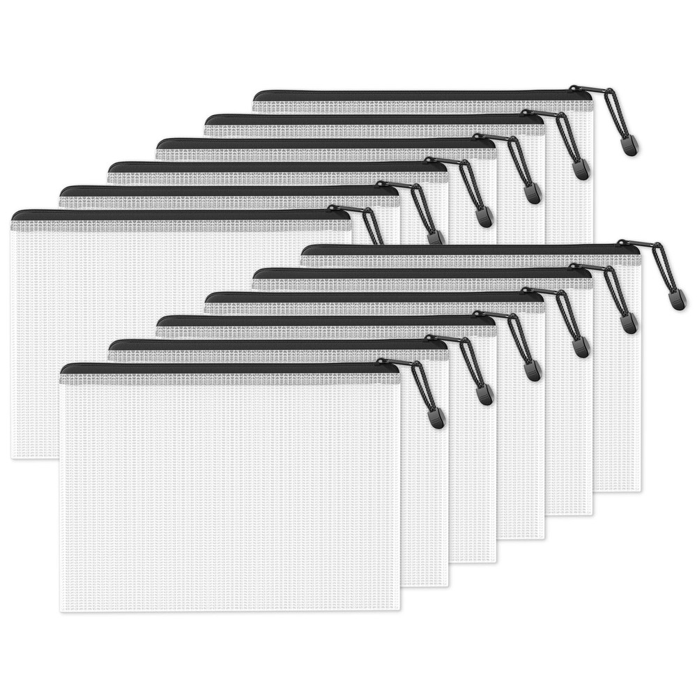 Black 12 Packs 9.2×12.5 Inch Extra Large WaterResistant Plastic Mesh Zip Pouch