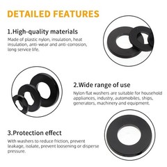 Durable Black Nylon Flat Washer Set, 500 Pieces, 8 Metric Sizes M2 M2.5 M3 M4 M5