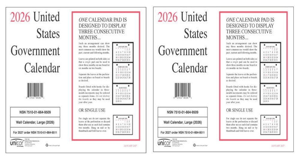 Unicor 2026 Fed Wall Calendar, Qty=2, Individual, Single, Displays 3 Months