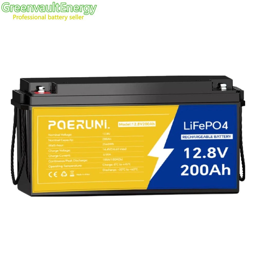POERUNI 12.8V 200Ah LiFePO4 Lithium Battery BMS 200Ah Deep Cycle for RV Solar