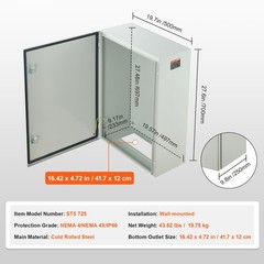 27.6 x 19.7 x 9.8 in Cold Rolled Steel Electrical Enclosure Box Wall Mounted