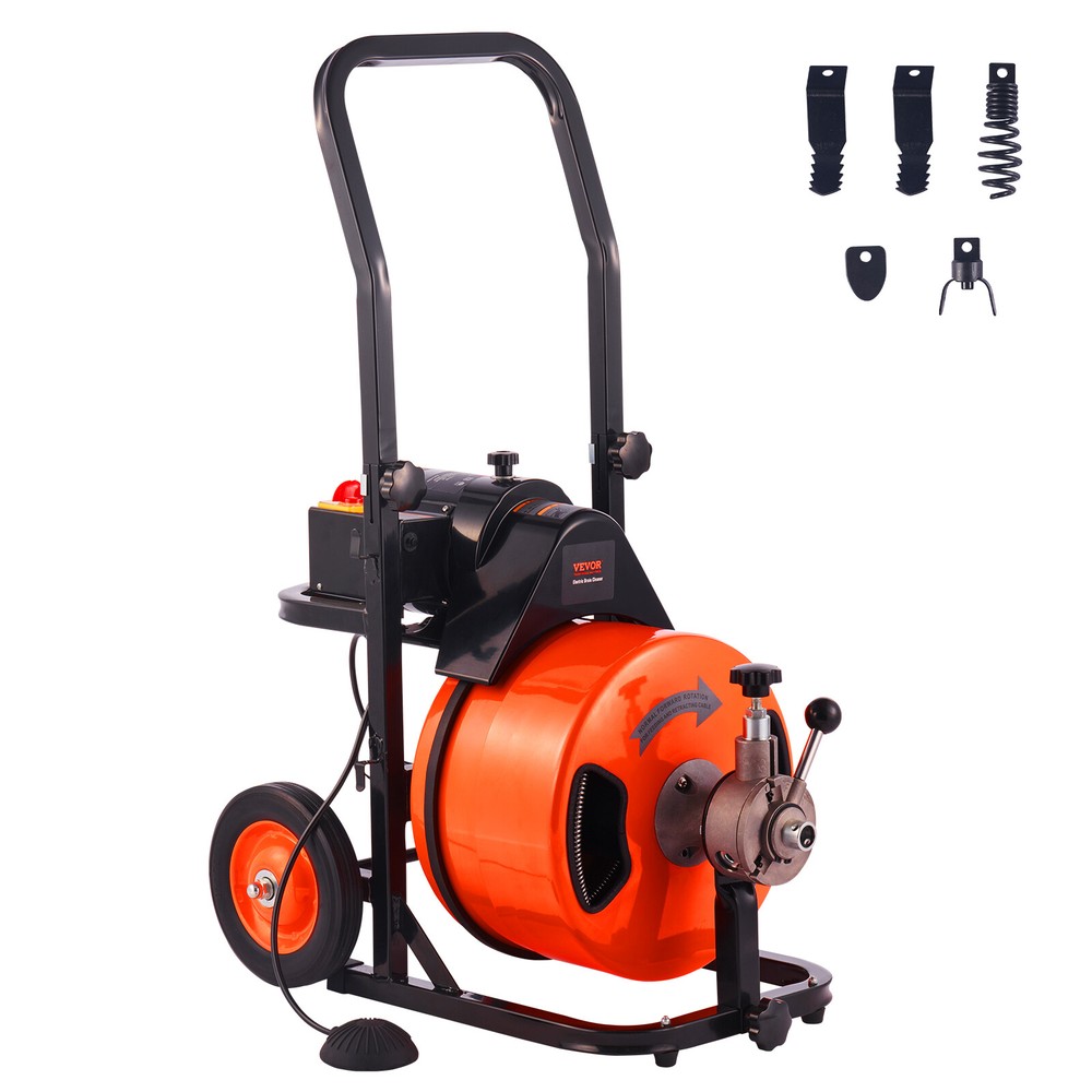 100ft 3/8″ Drain Cleaner Machine Electric Drain Auger Auto Feed W/ Cutters