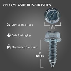 License Plate Screws – Slotted Hex Head – American – #14 x 3/4″ (100 Per Pack)