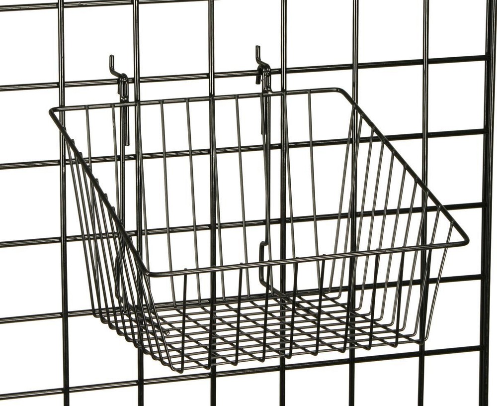 FixtureDisplays 12″ x 12″ Metal Gridwall Slatwall Basket w/ Hooks – Black