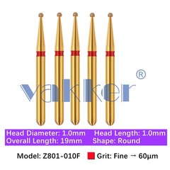 Vakker 5pc Dental Zirconica Diamond Burs w/ Metal Holder Z801 Z801L Round Shape