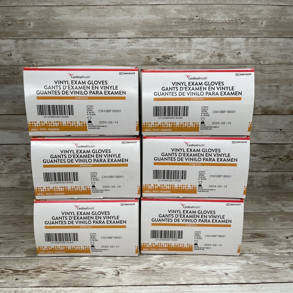 6 Boxes Cardinal Health Clear Vinyl Exam Gloves- Size Small -150 x 6 of 900