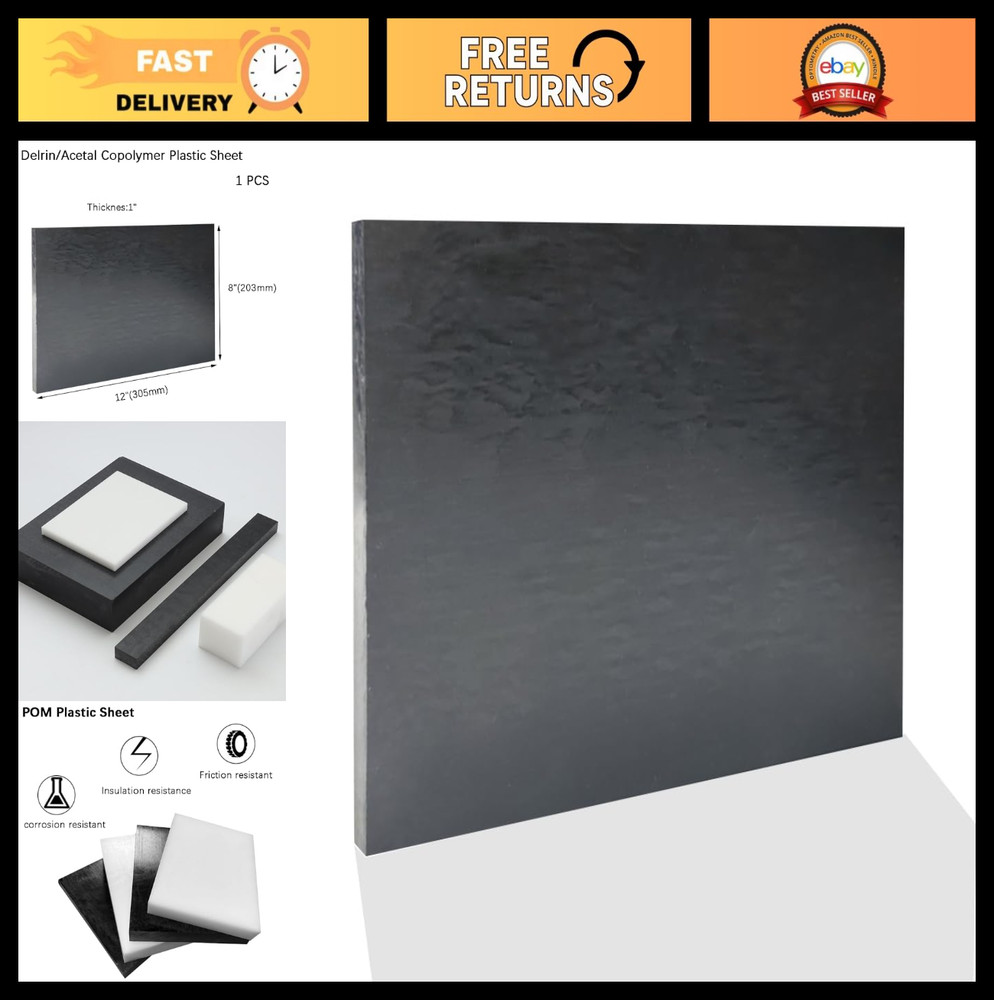 1″ Thick Black Acetal Plastic Sheet – 8″ x 12″ POM Block for Machining & DIY Pro
