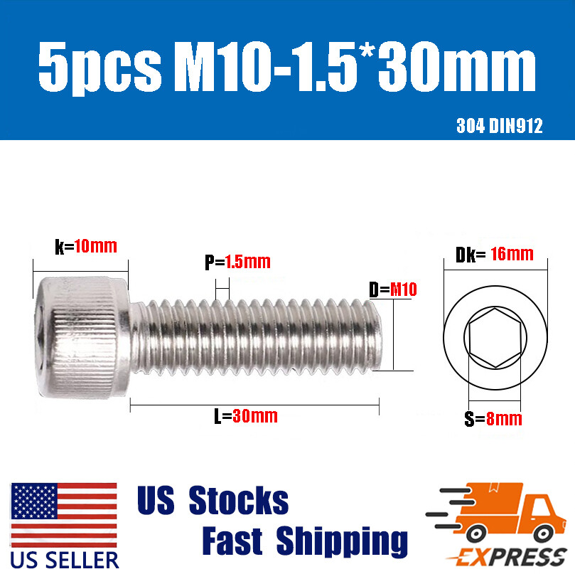 5PCS New M10 X 30mm 304 Stainless Steel Allen Hex Socket Cap Head Screws DIN912