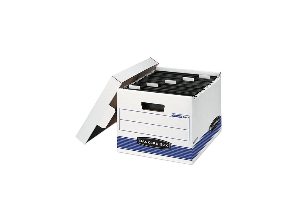Bankers Box 00784 Hang ‘N’ Stor Storage Box, Letter, Lift-off Lid, White/Blue, 4