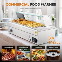 WILPREP Commercial Electric Food Warmer 1500W Buffet Bain Marie Steam Table 3Pan