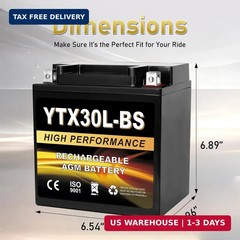 YTX30L-BS 12V 30Ah AGM Sealed Motorcycle Battery, Maintenance-Free, Compatible w
