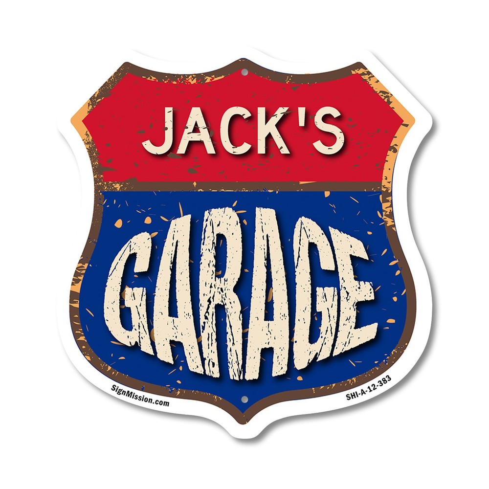 Jack’s Garage Shield Shaped Sign Weather Resistant Crafted in the USA