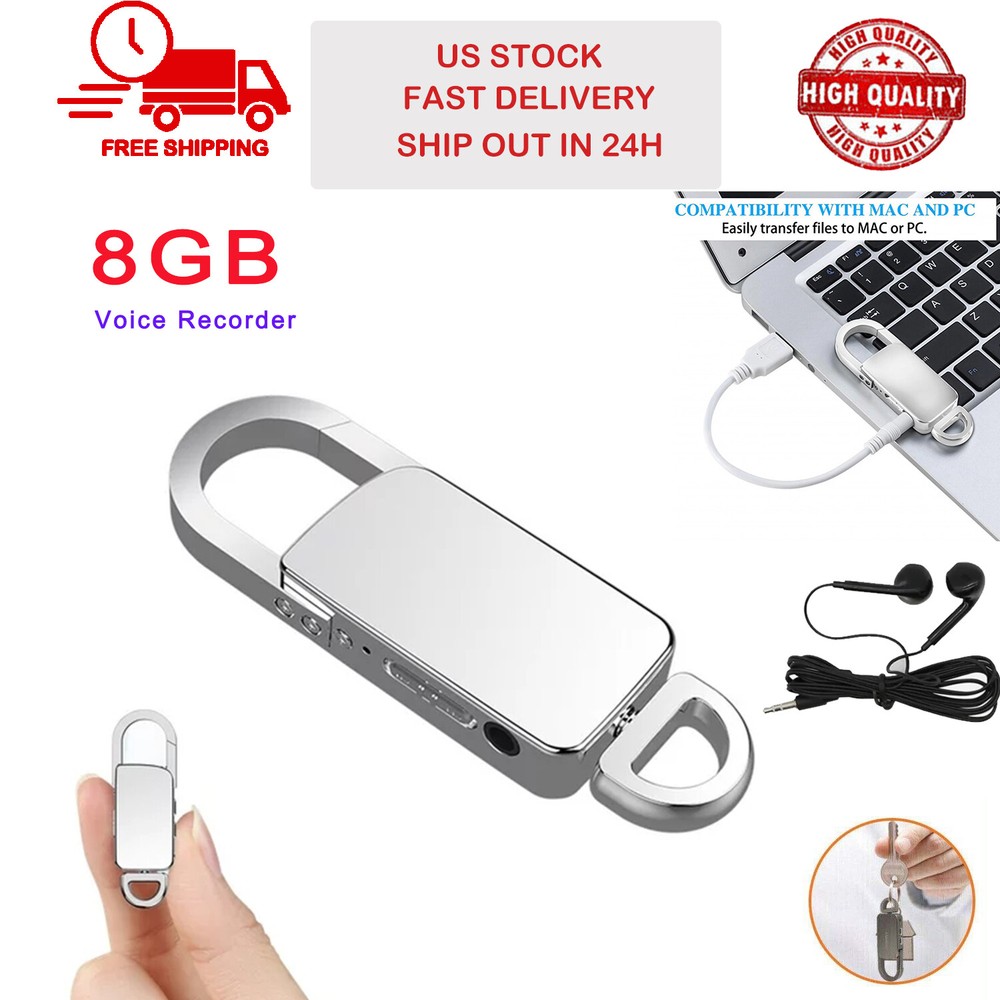 Voice Recorder 8GB Digital Audio Device Activated Sound Tape Dictaphone Keychain