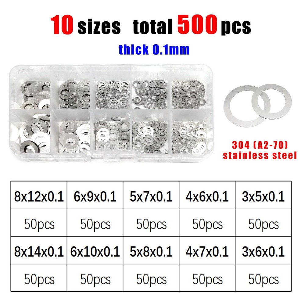 250/1200pcs M3-M20 304 Stainless Steel Ultra Thin Flat Washer Shim Set Kit Box