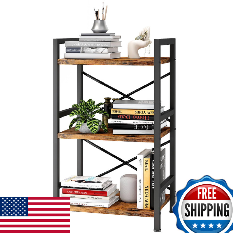 Homeiju Bookshelf 3 Tier Industrial Bookcase Metal Small Bookcase Rustic