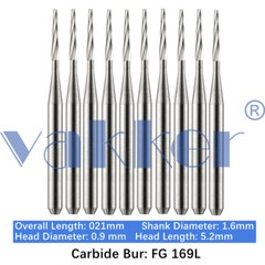 Vakker 10pc Dental Carbide Burs Long Shank FG 169L Friction Grip Taper Flat End