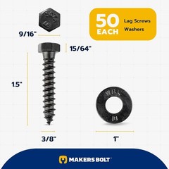 3/8 x 1-1/2 Lag Screw Kit, 50 Black Ruspert Coated Screws