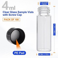 100x 4ml borosilicate Glass Vials w/ Screw Caps Clear Liquid Sample Vial Bottles