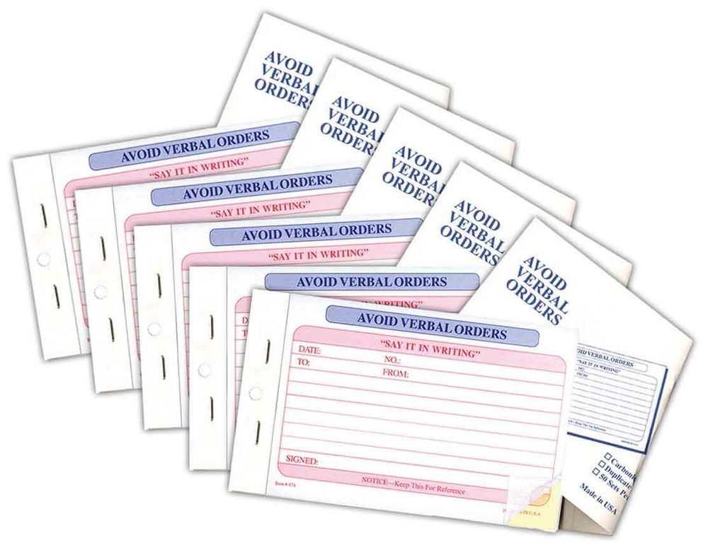 Avoid Verbal Orders Books (5-Pack) (2-Part Form # AVO) (5 books of 50 per book)