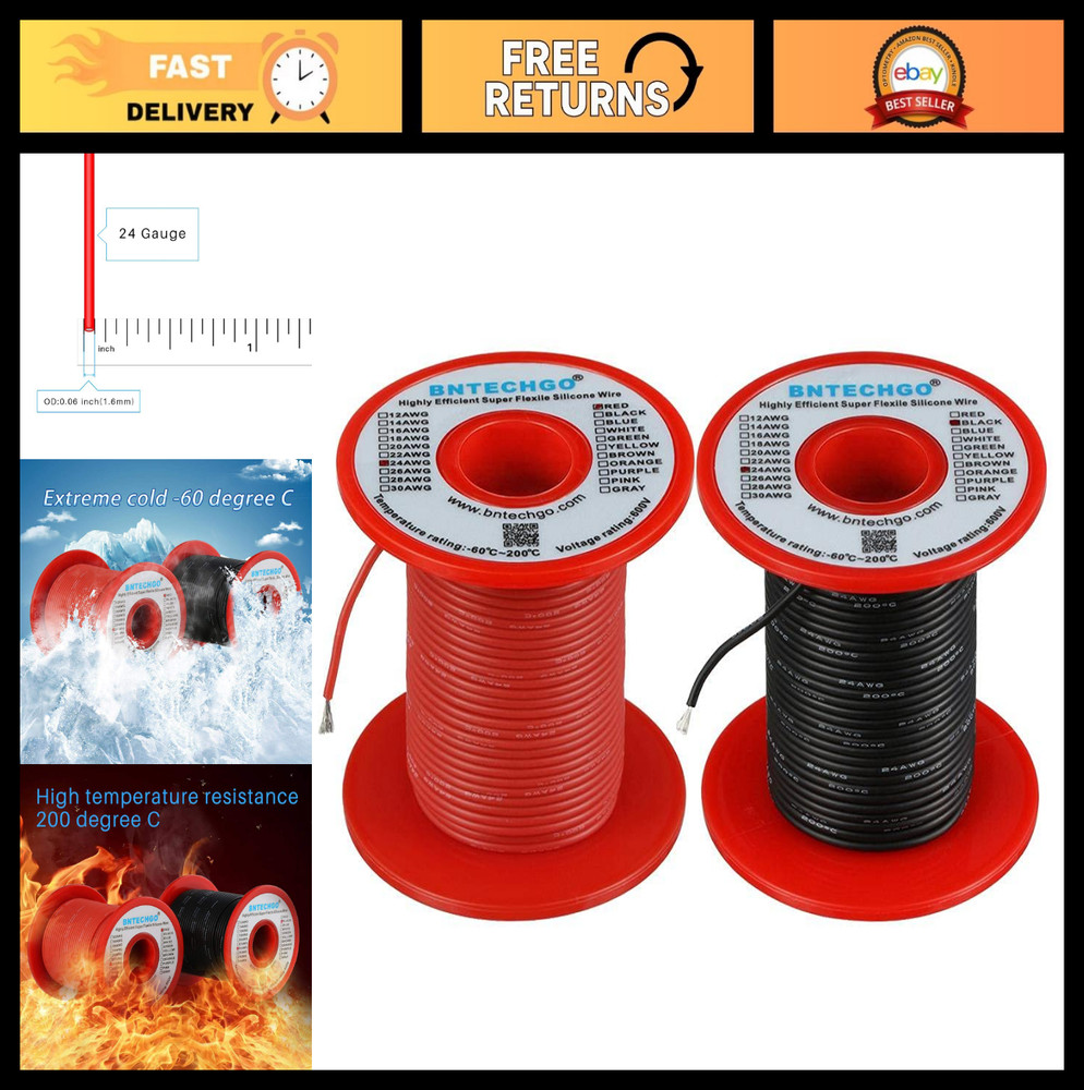 24 Gauge Silicone Wire Spool 100ft Red & Black, Flexible Tinned Copper Stranded