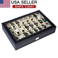 24 Slot Watch Box Leather Display Case Organizer Top Glass Storage