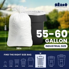 Plasticplace 55-60 Gallon White Trash Bags, 0.7 Mil, 38″W x 58″H, 100 Count