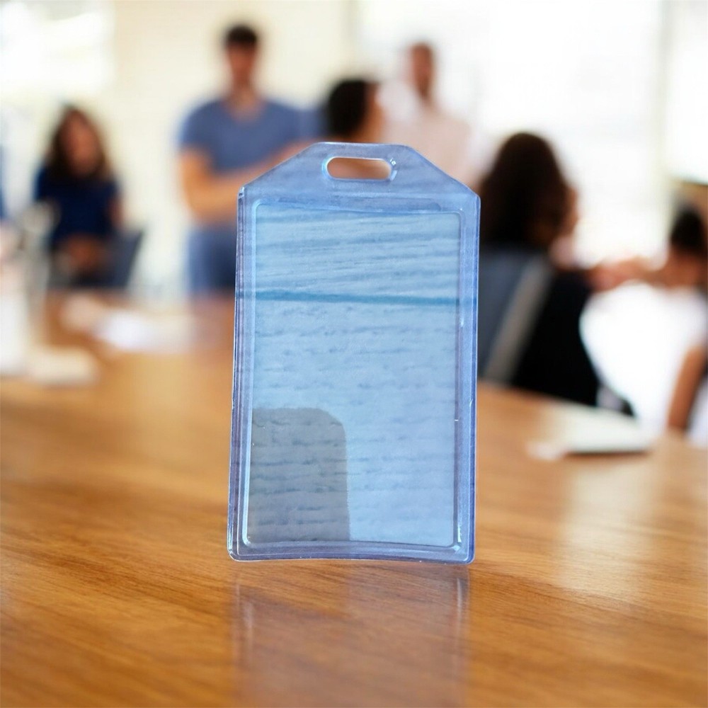 Clear Blue Soft Plastic Business ID Badge Card Vertical Holder Durable Case